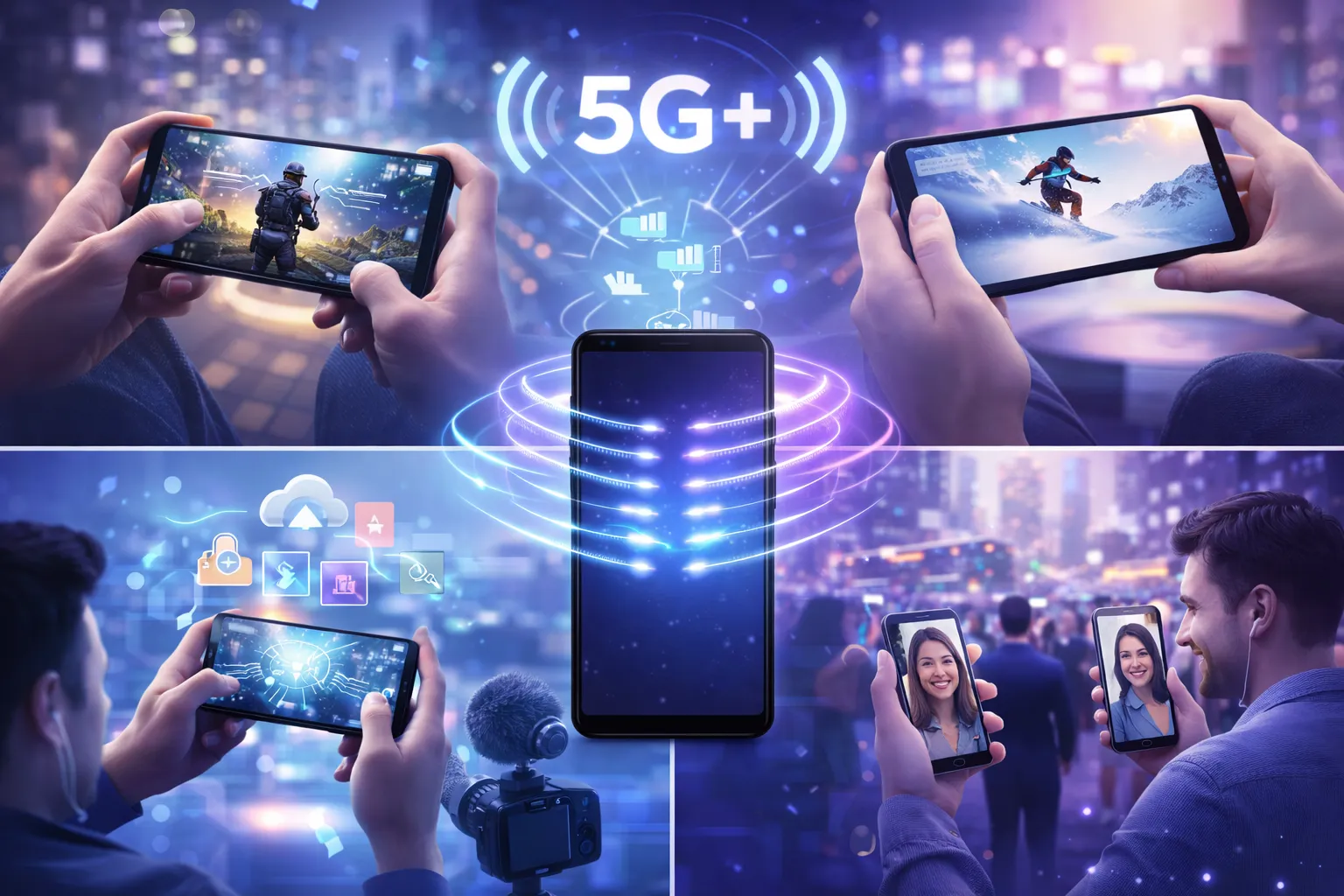 Real-life examples of 5G+ technology including gaming, streaming, and video calls