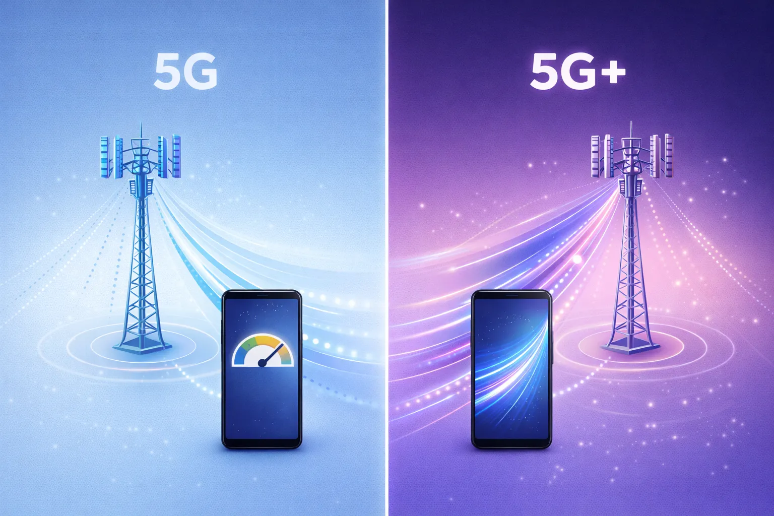 5G vs 5G+ comparison showing speed, latency, and performance differences