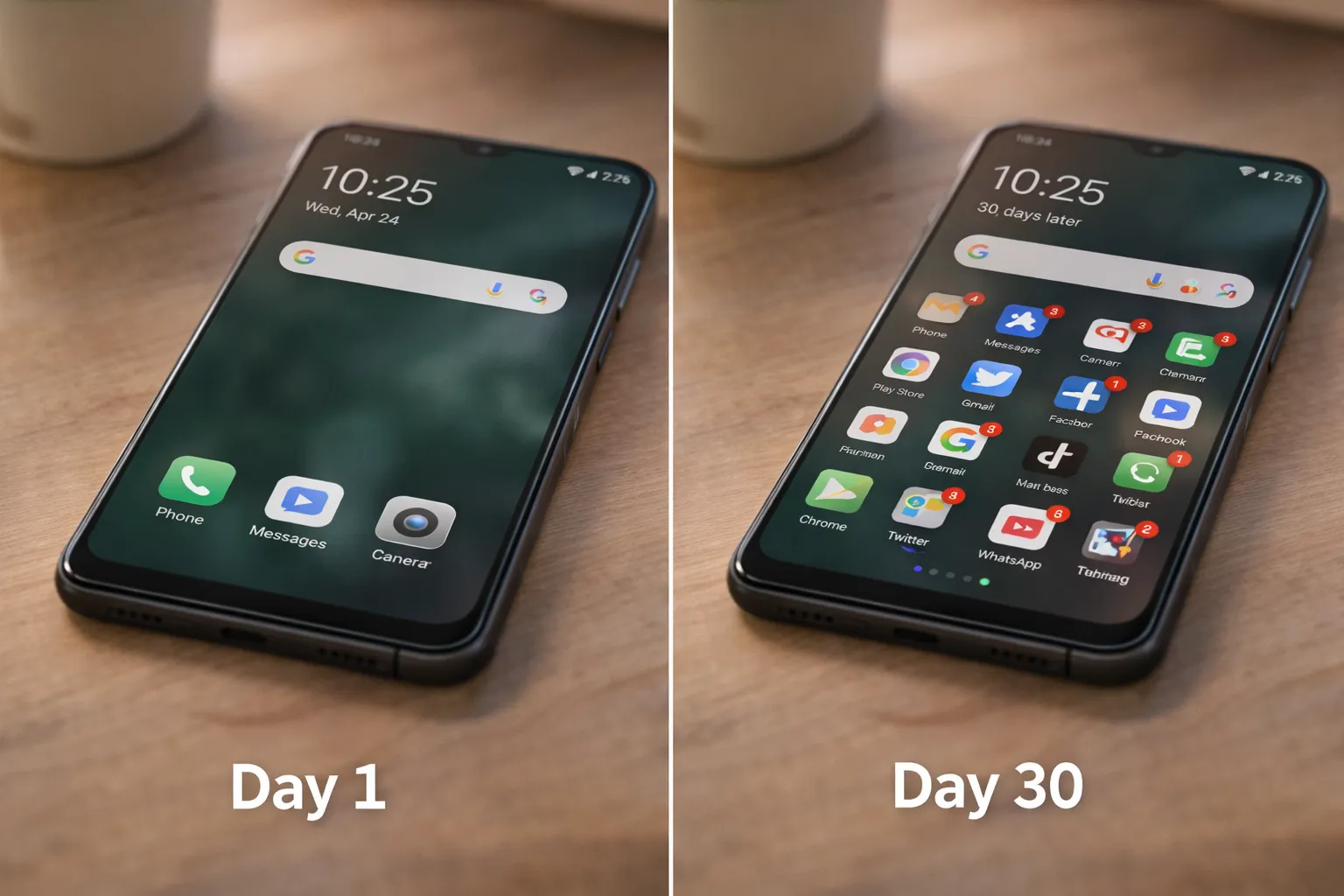 Android phone showing clutter increase from day 1 to day 30