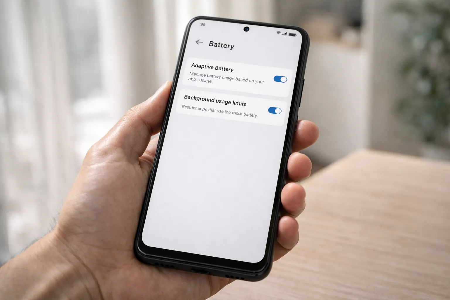 Android battery settings showing adaptive battery and background restrictions
