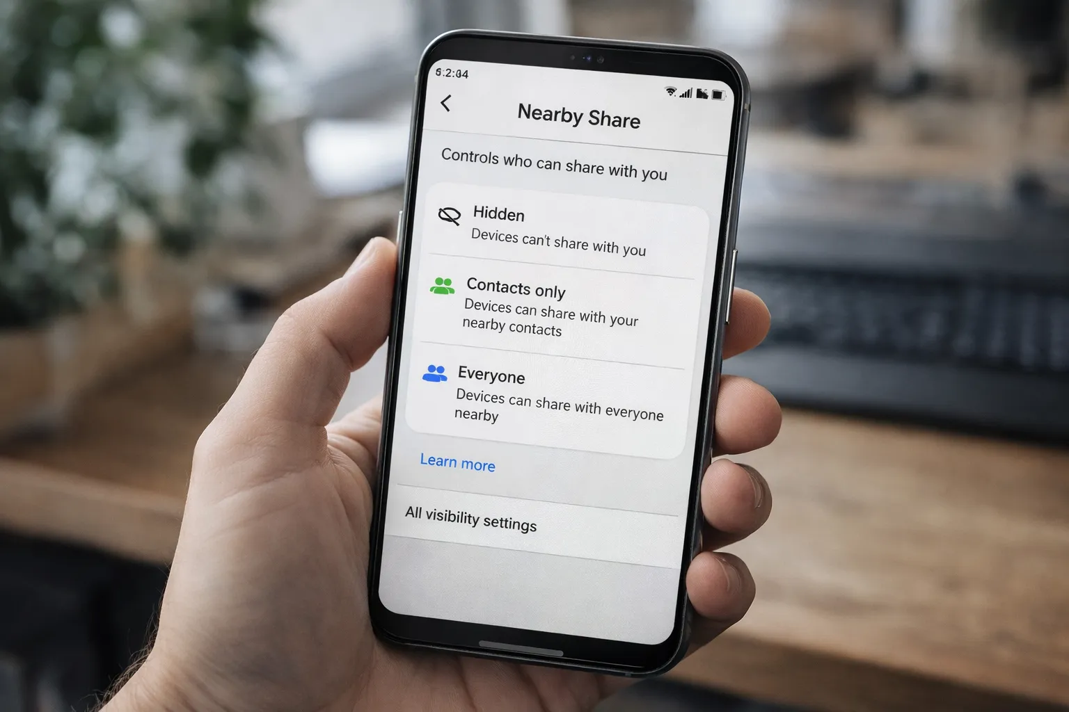 Nearby Share settings screen on Android showing visibility options