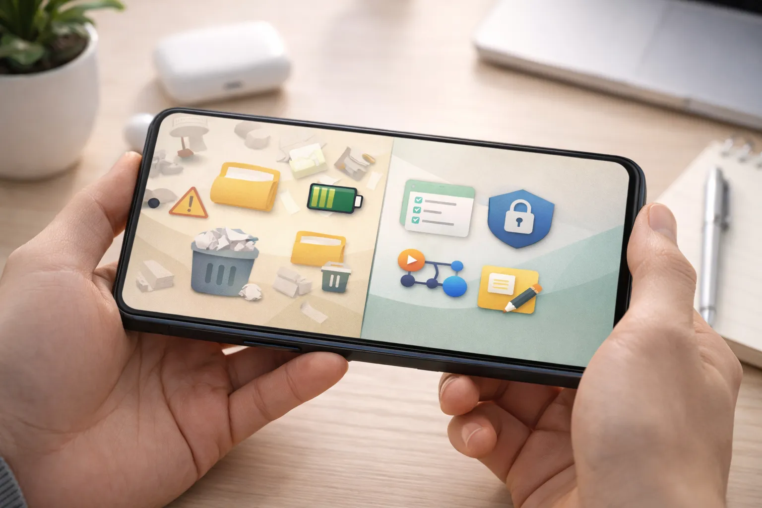 Before and after Android phone experience showing improved performance and organization using utility apps