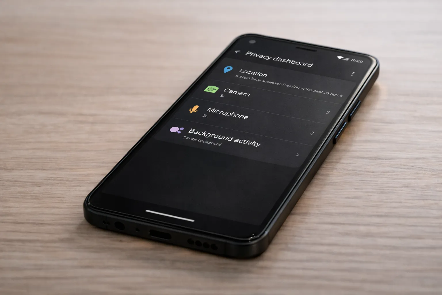 Android privacy dashboard showing background system activity