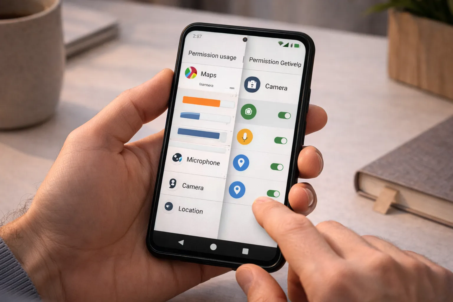 Android Privacy Dashboard compared with Permission Manager showing app permission access and controls