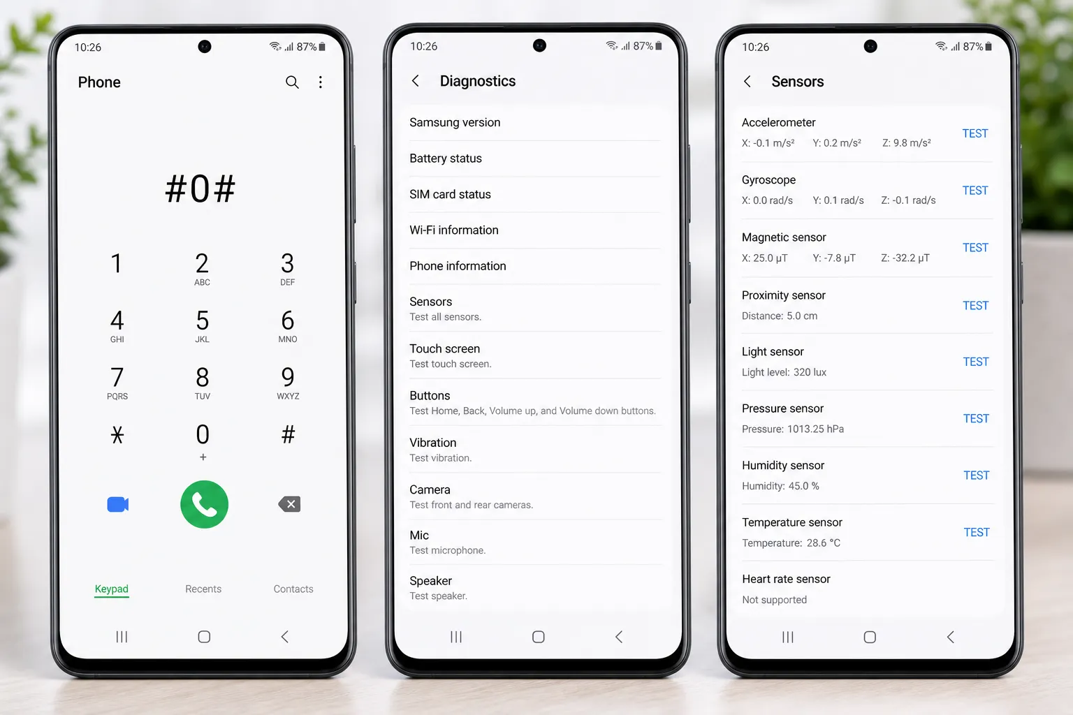 Android secret code sensor test menu screen using dial pad