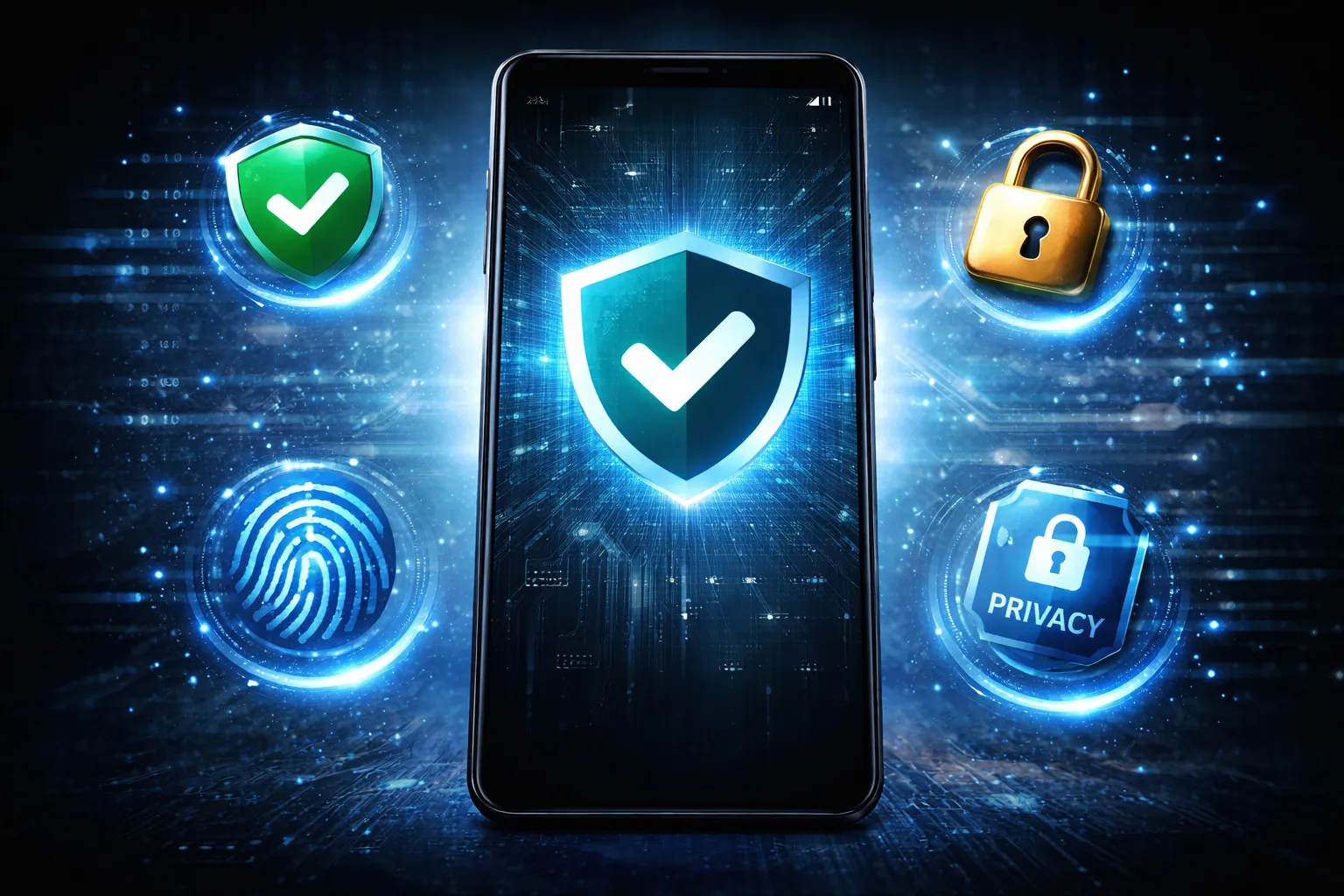 Android security tips with shield and privacy protection icons