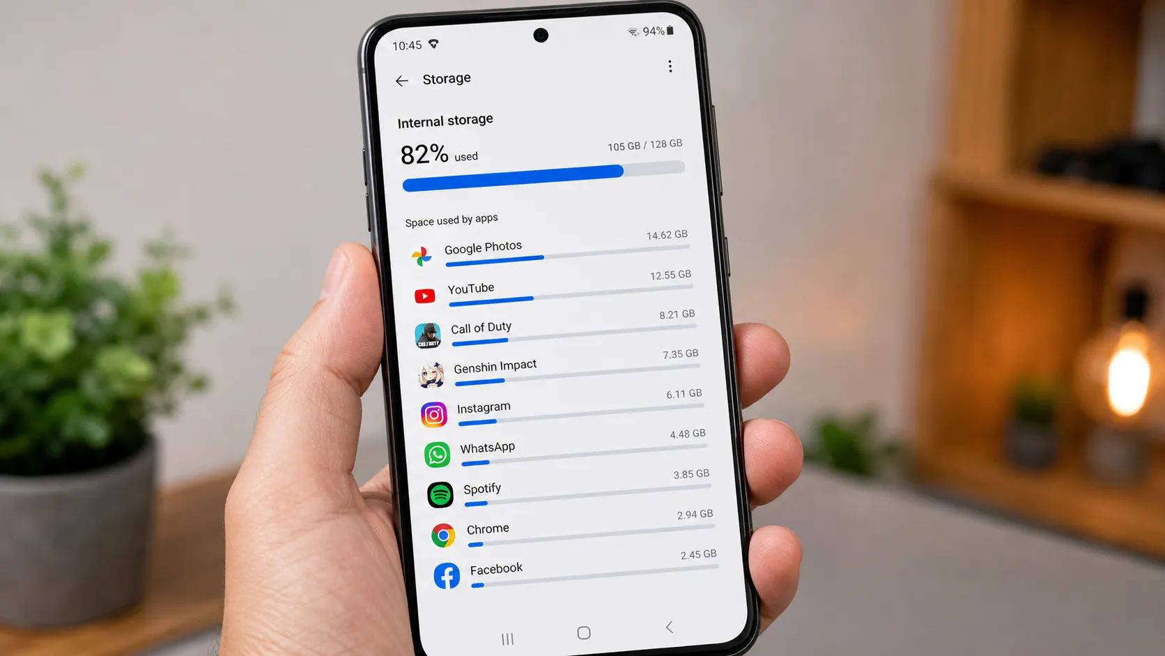 Android storage settings showing apps using most space