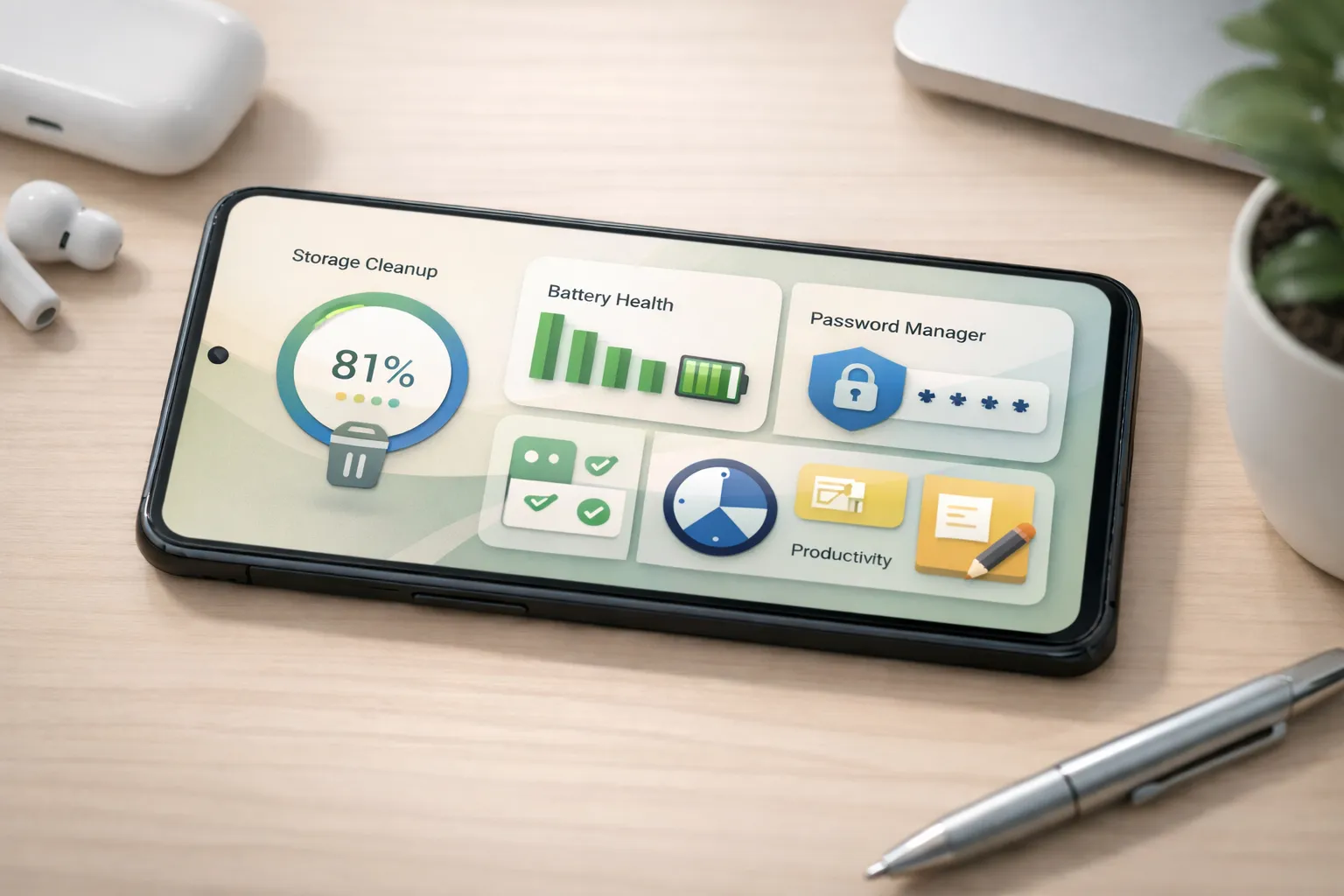Android utility apps use cases including storage cleanup, battery health monitoring, and security