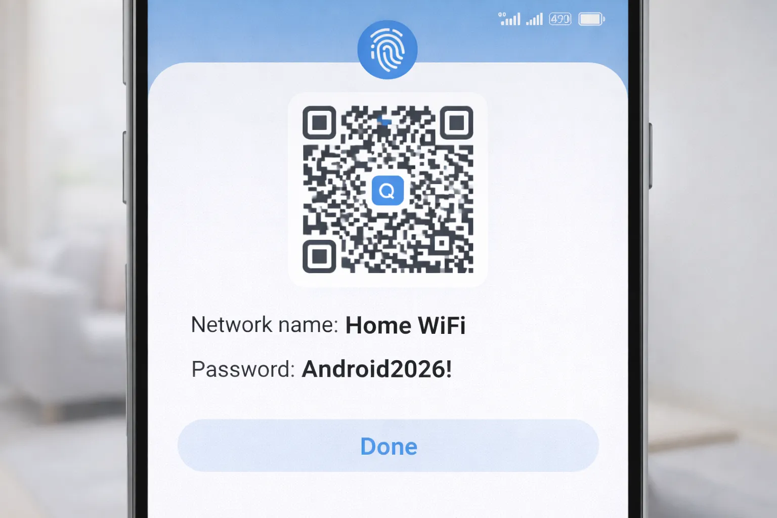 Android QR code screen showing saved WiFi password