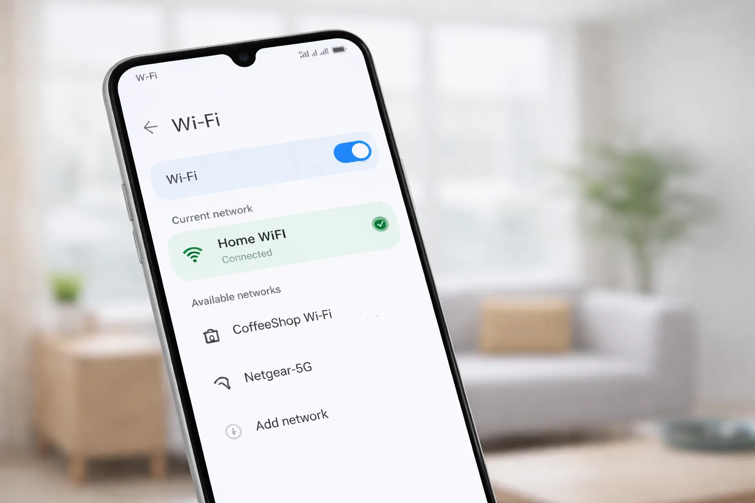 Android WiFi settings showing connected network