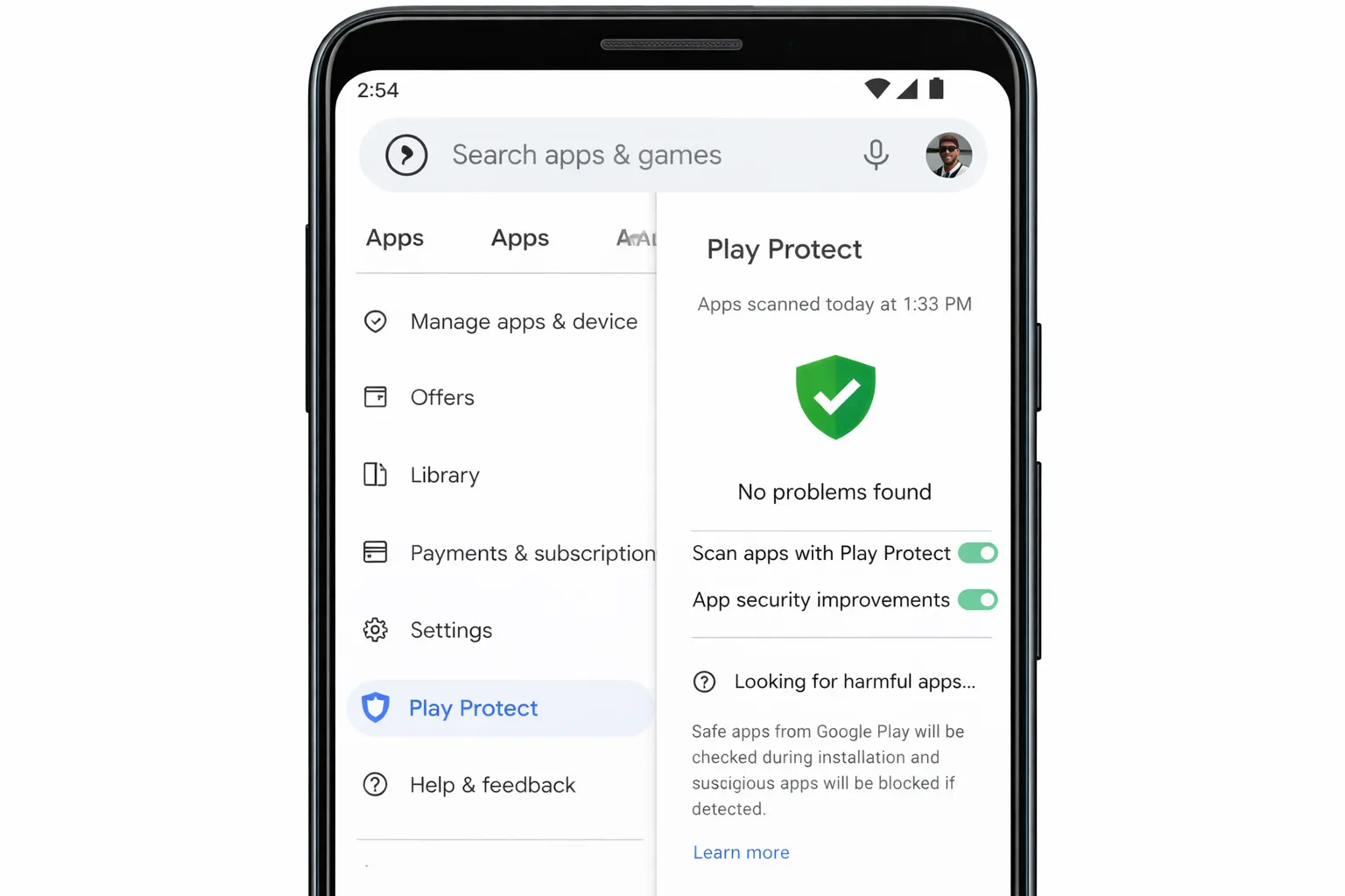 Check Google Play Protect status on Android phone inside Play Store settings
