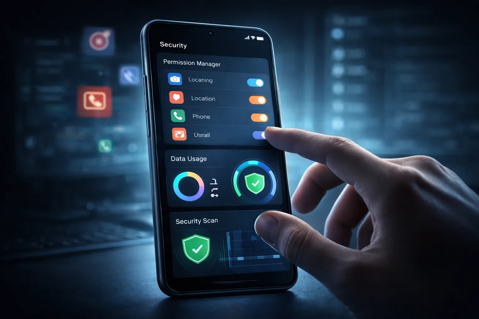 Checking app permissions and data usage to detect phone hacking