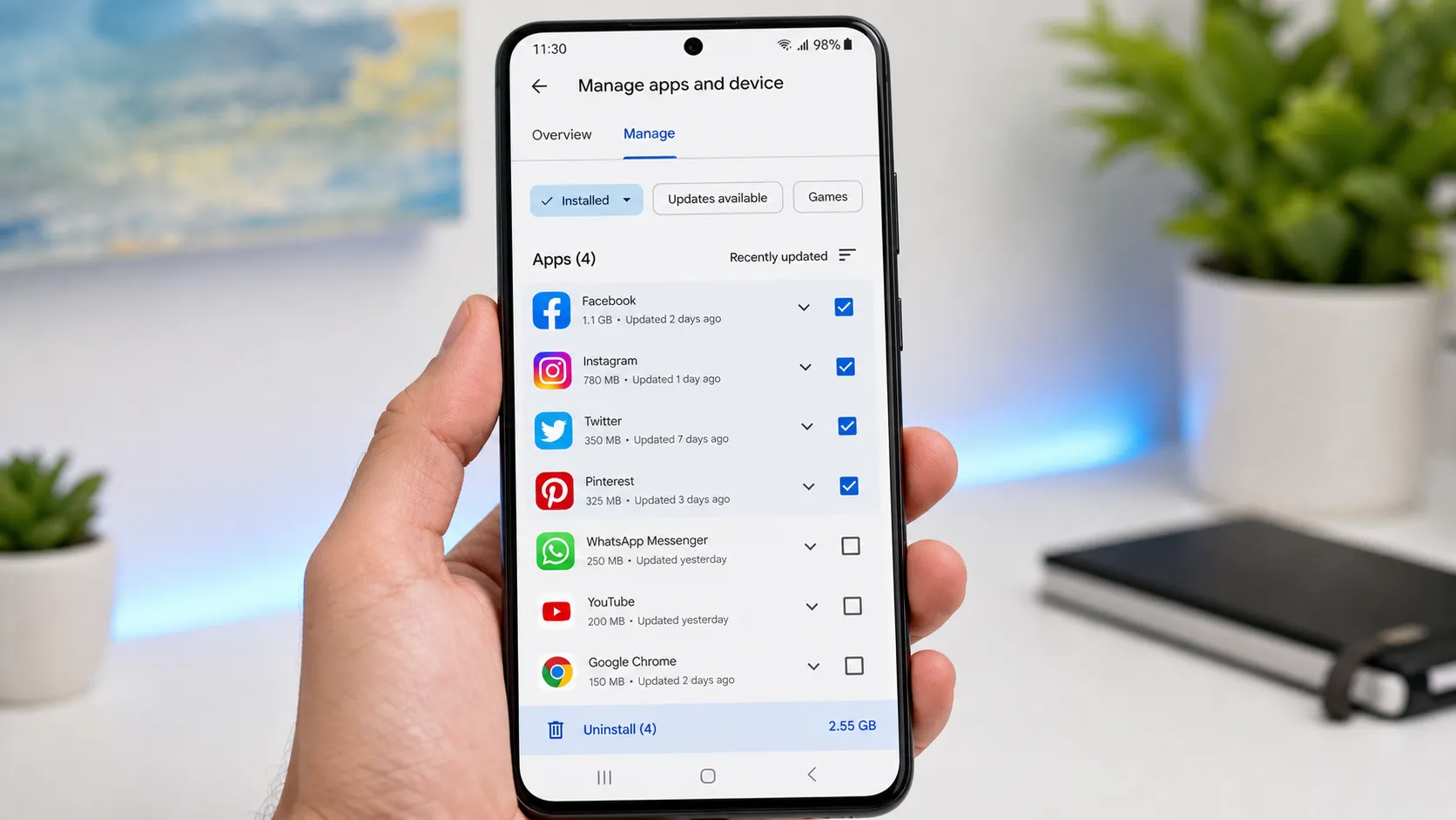 Google Play Store manage apps screen for removing multiple unused apps