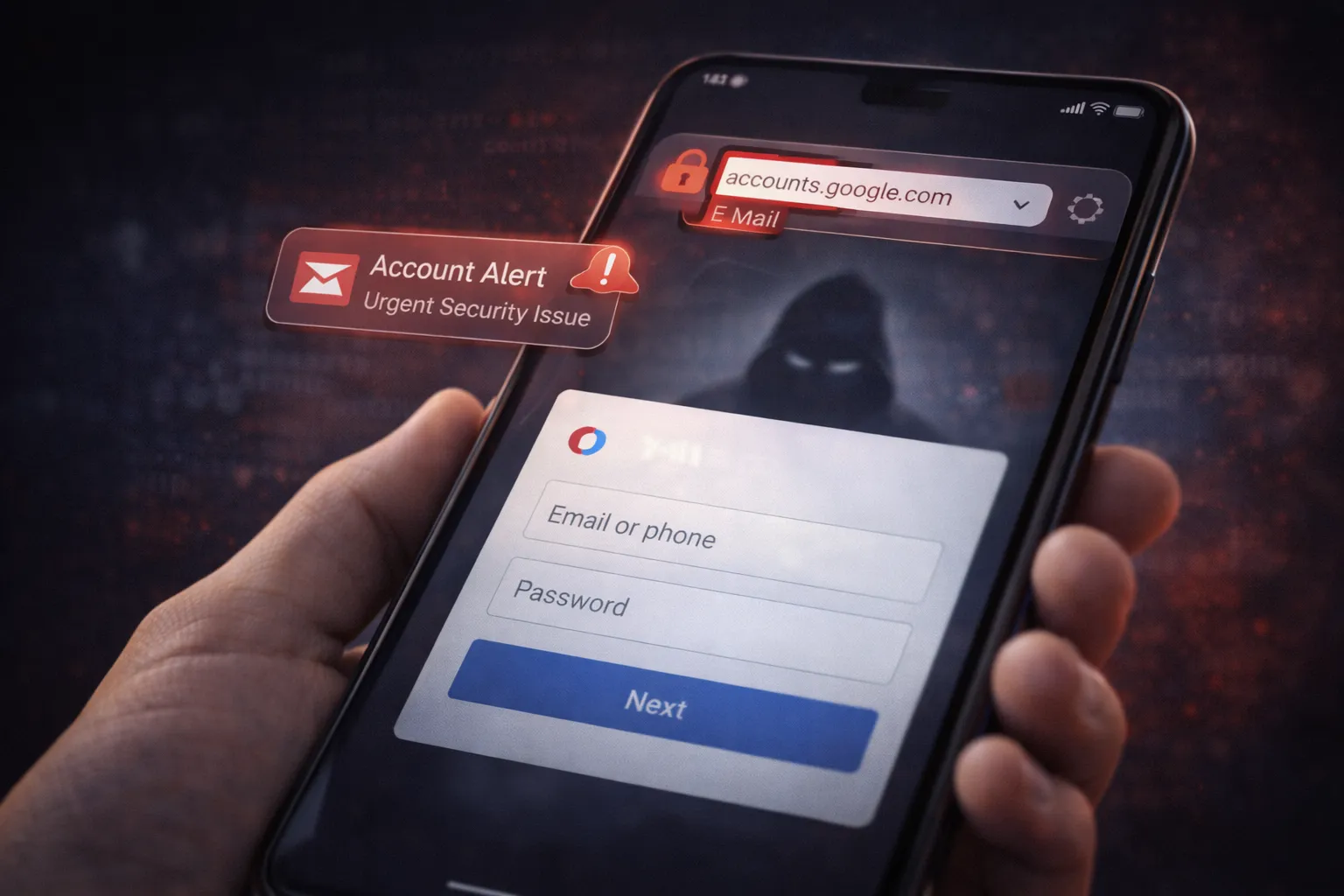 Phishing and fake Google login attack showing how hackers steal Google account credentials