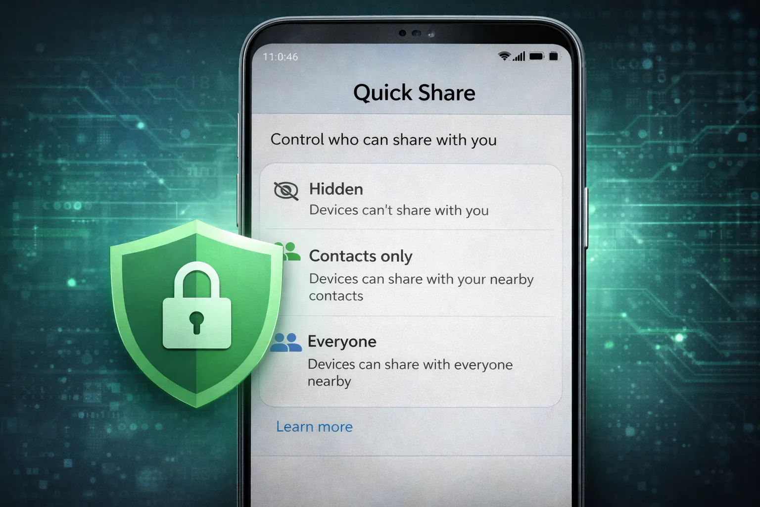 Quick Share security settings showing encrypted file transfer options