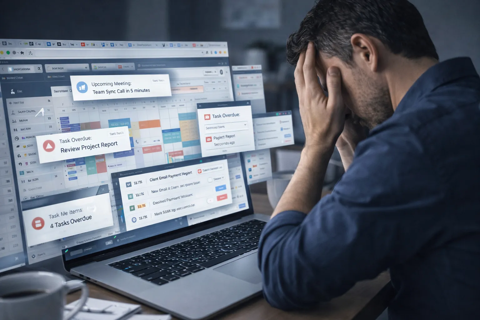 Remote worker struggling with digital distractions and productivity issues