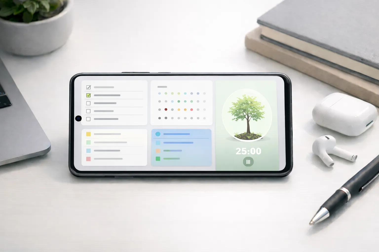 Task management, habit tracking, and focus timer concept on Android