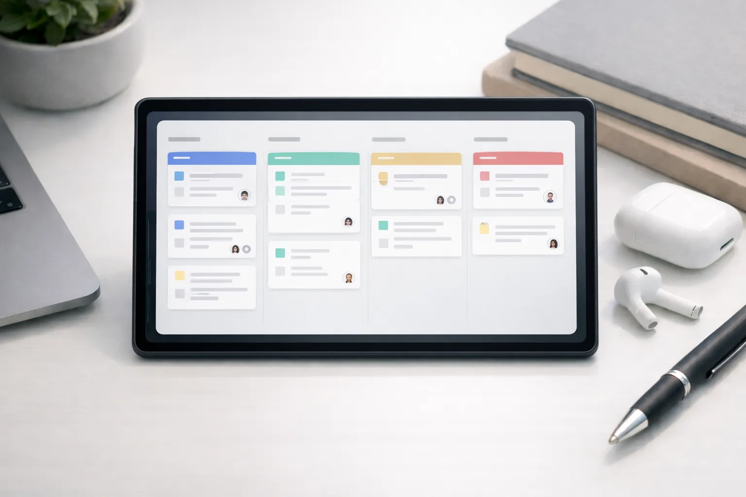 Visual project management and team collaboration concept using a Kanban board