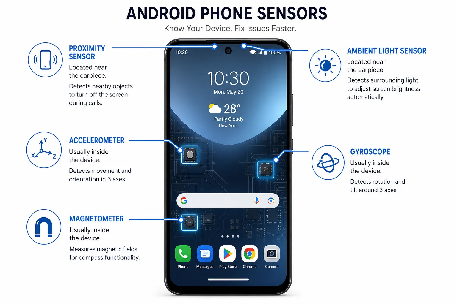 Types of sensors in Android phone diagram with labeled components