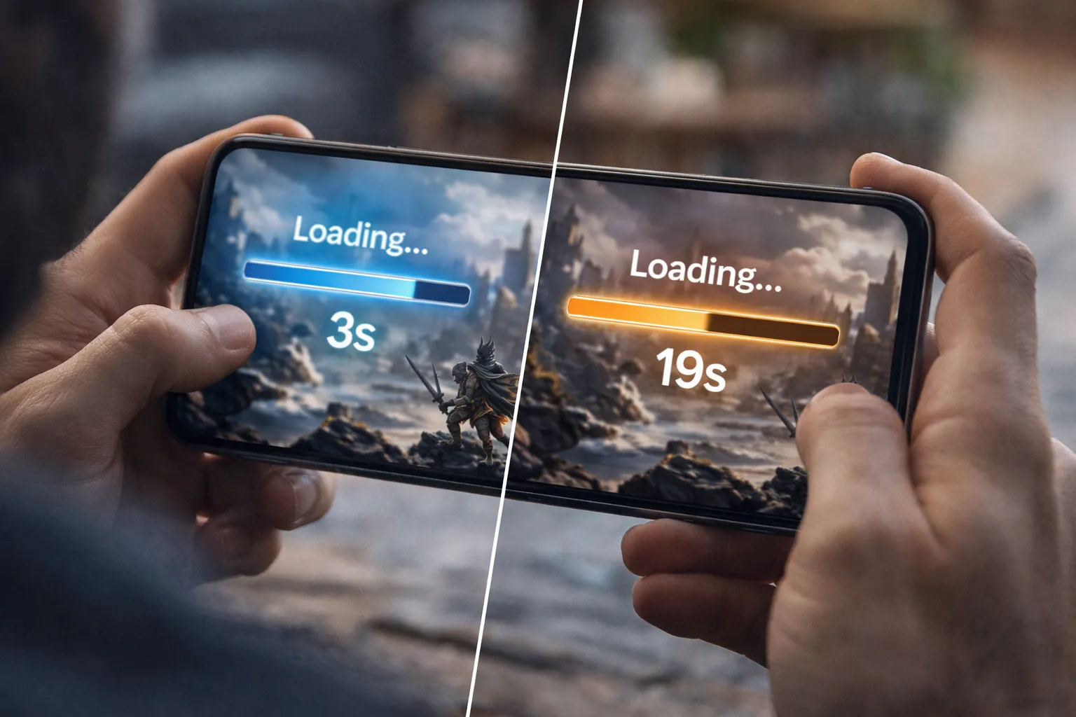 Smartphone gaming performance comparison showing faster loading with UFS 4.0