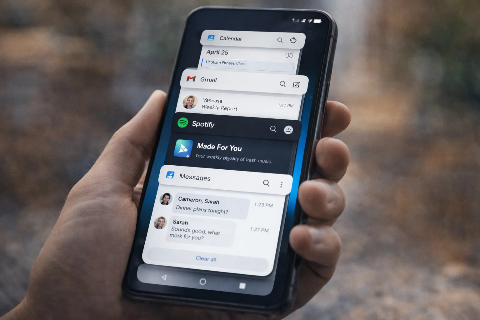 Smartphone multitasking view showing RAM and storage performance concept