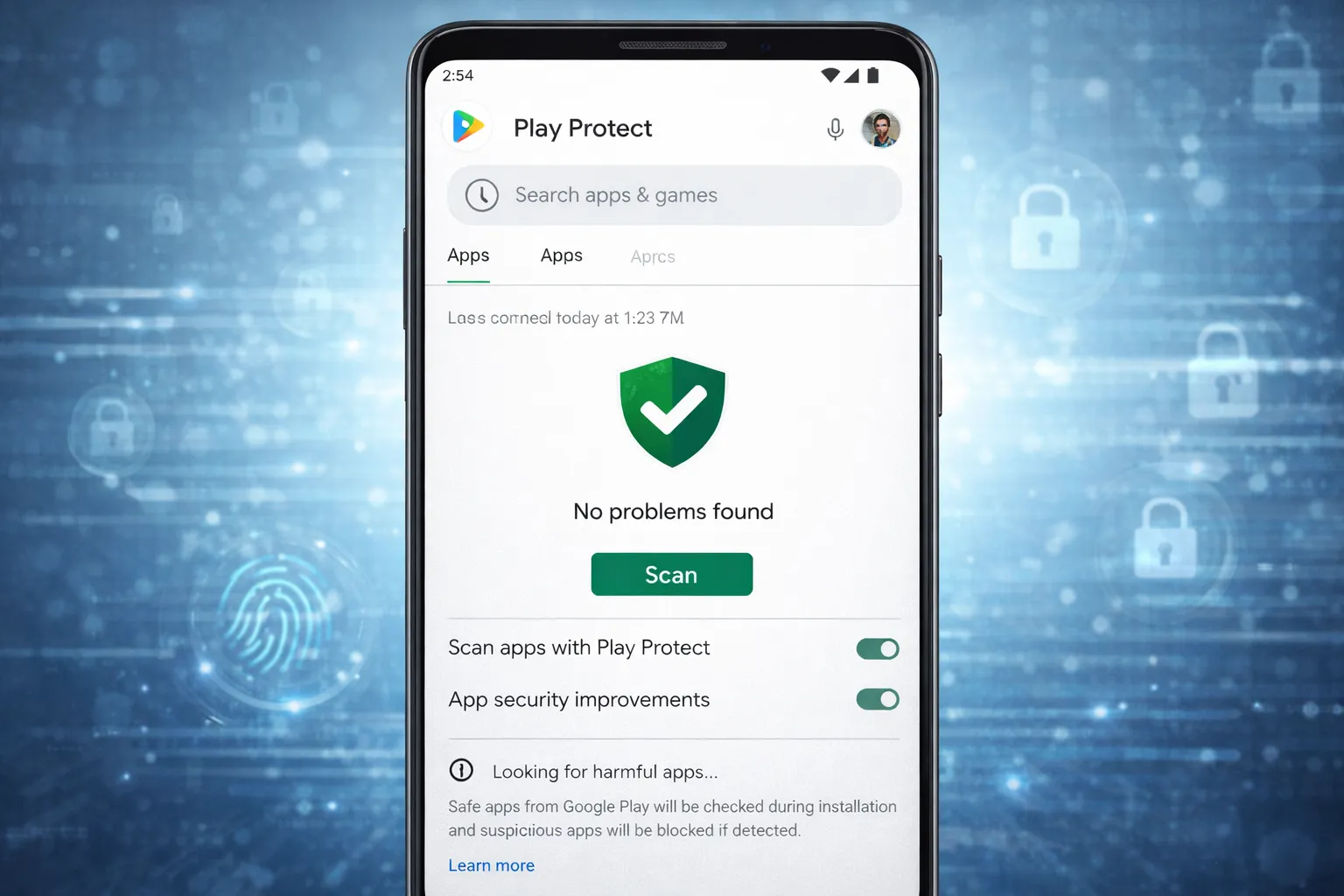 Google Play Protect protects Android devices by scanning apps for malware and harmful behavior.