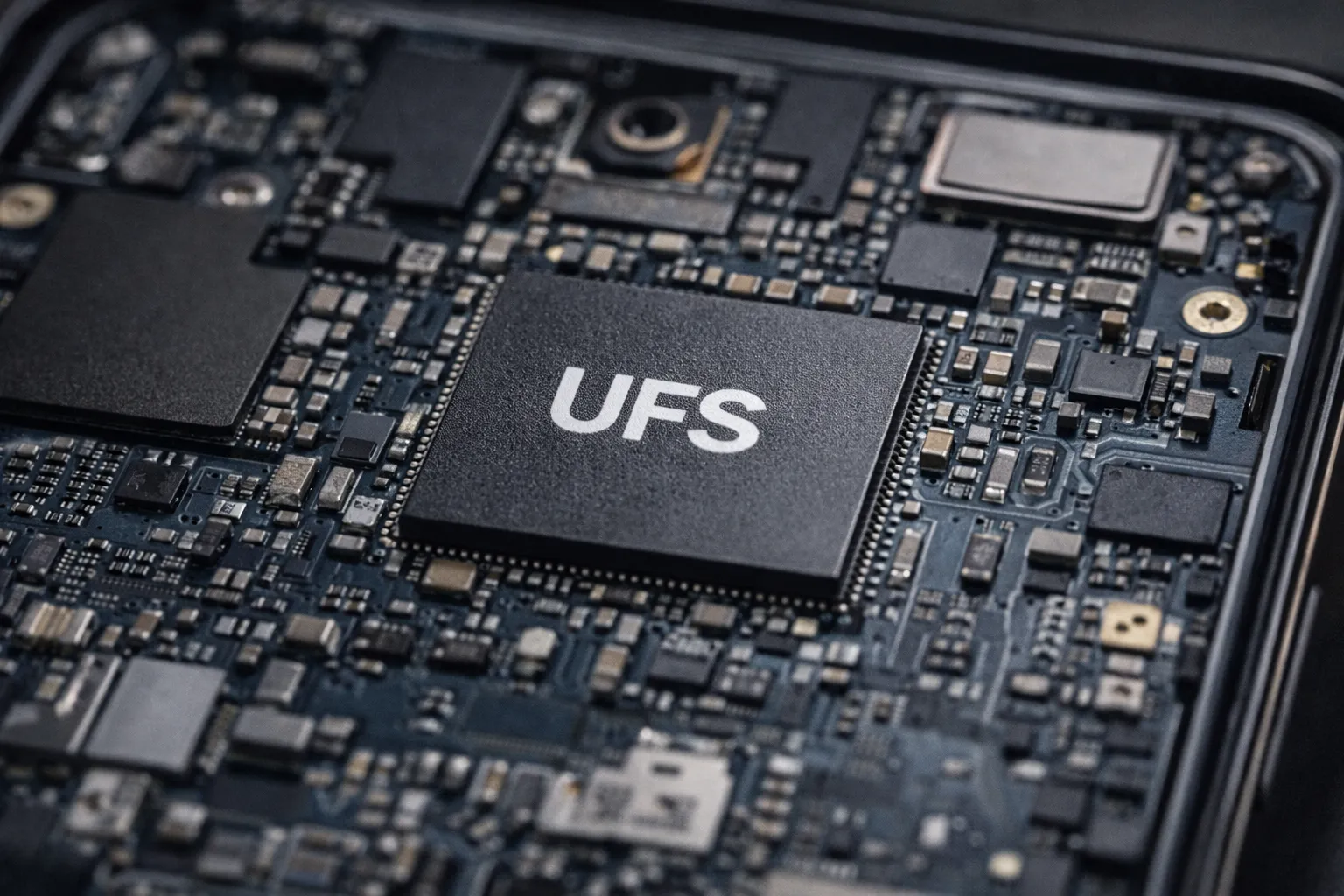 Close-up of UFS storage chip inside smartphone motherboard