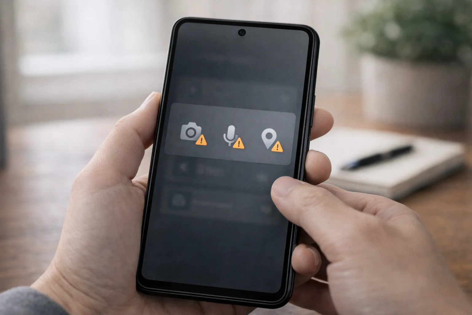 Android phone showing privacy warning and app permission settings