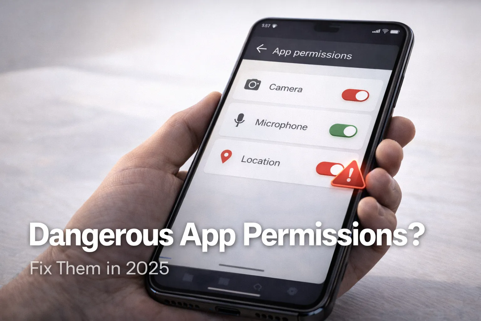 Android phone showing privacy warning and app permission settings