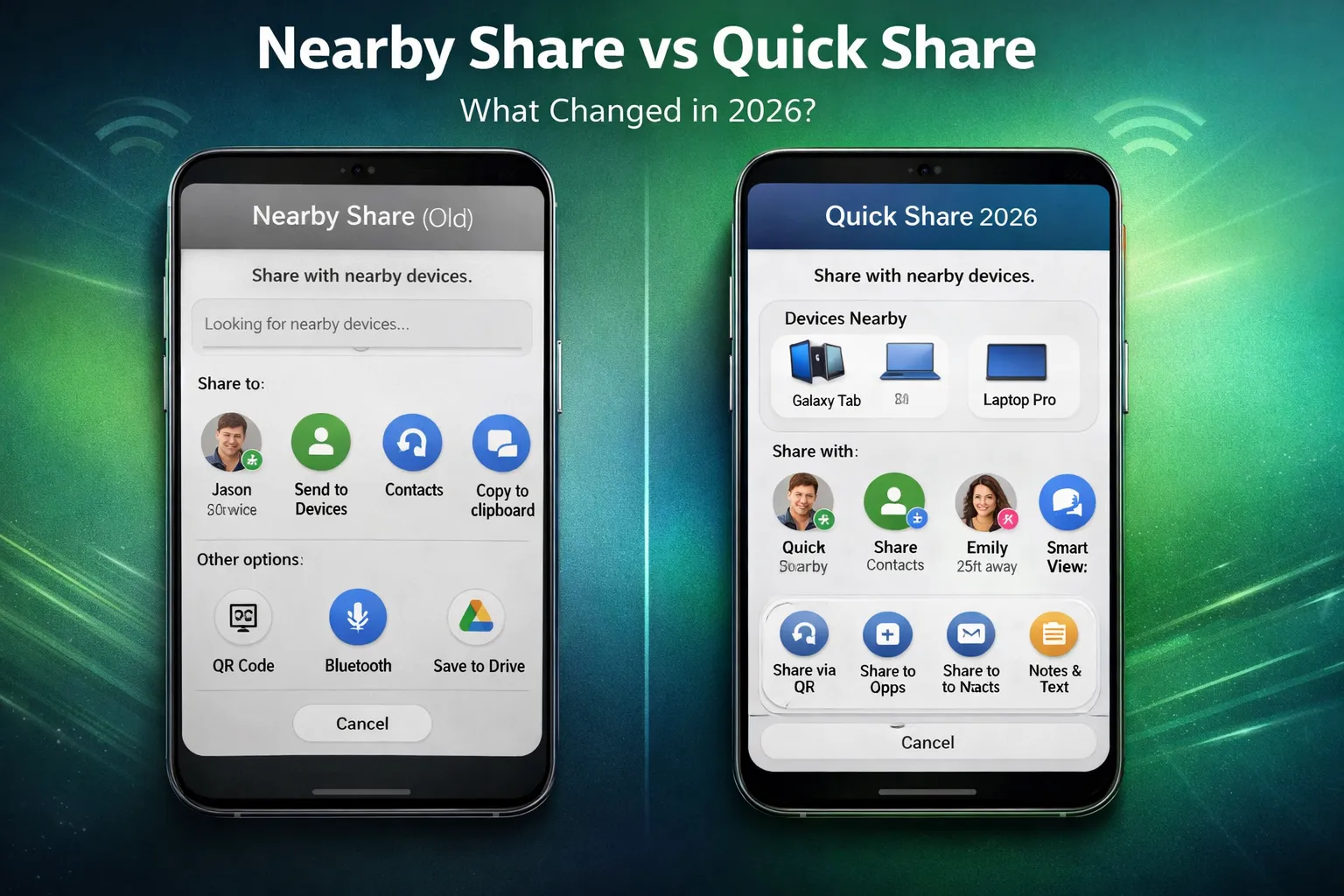 Nearby Share vs Quick Share 2026 comparison showing Android file sharing update