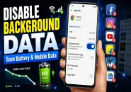 Android phone showing background data disabled for individual apps with mobile data saving settings on screen